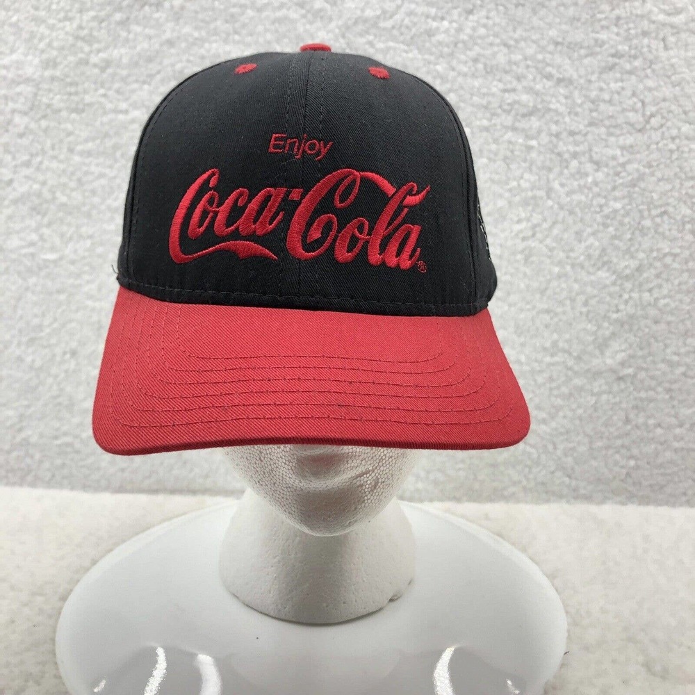 VTG Coca Cola Baseball Hat Dad Cap USA Made Black Red Soda Checkered Bottle‎